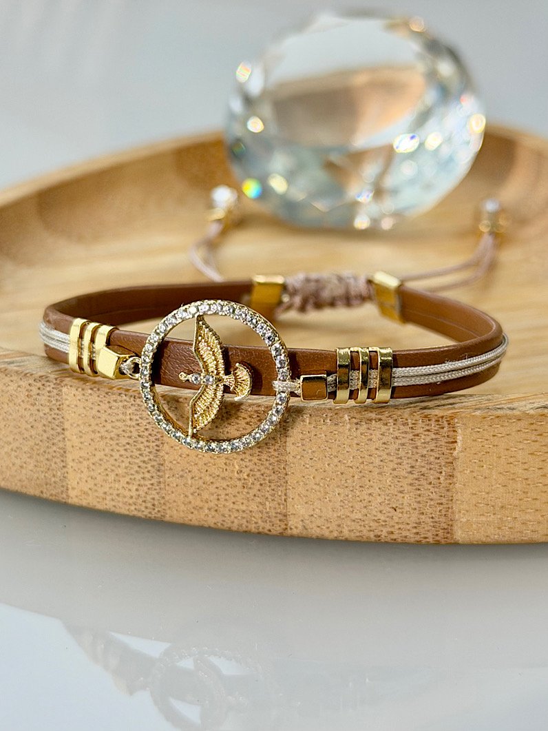 Pulseira Ajustável de Couro Pingente Espirito Santo