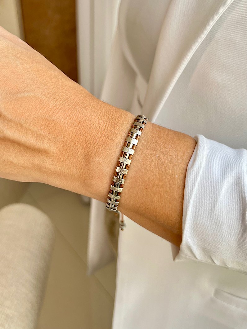 Pulseira Ajustável Intercalada de Pecinhas - Prata