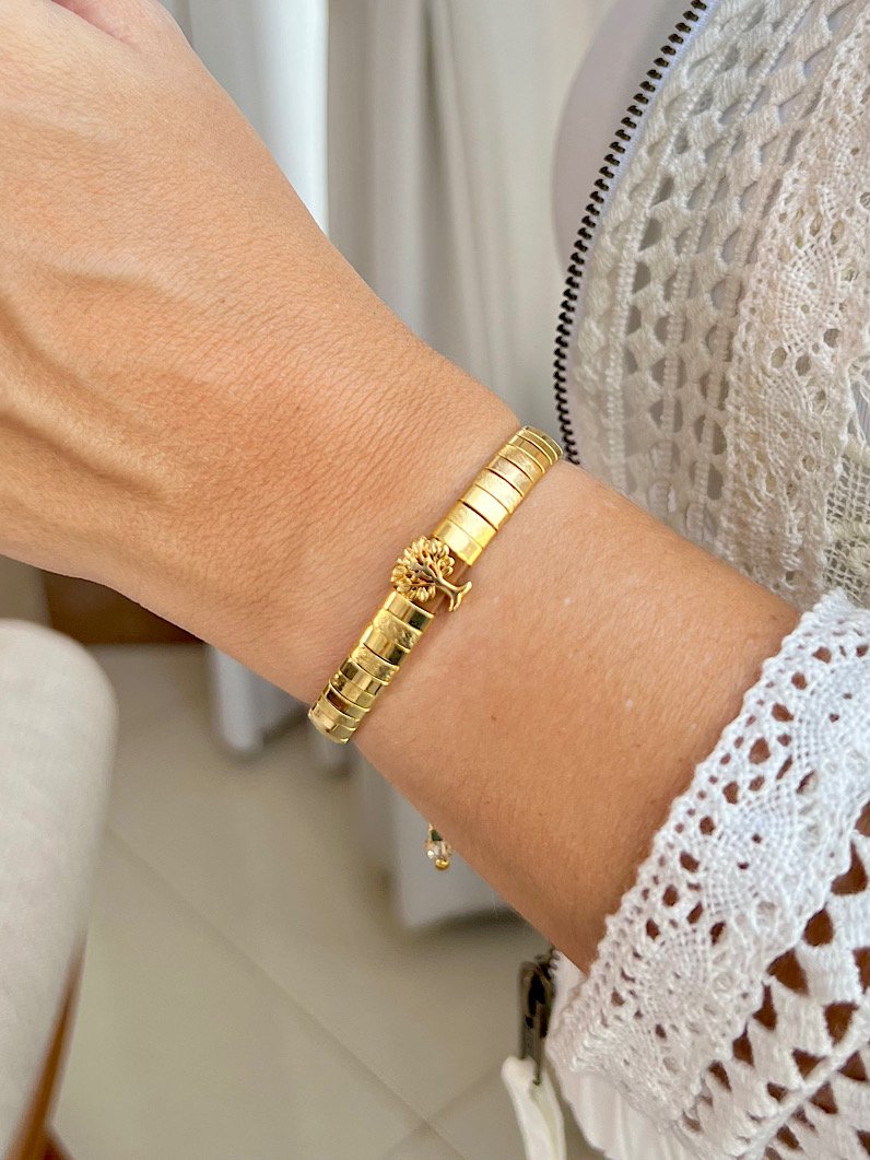 Pulseira Ajustável Pecinhas Árvore da Vida - Dourado