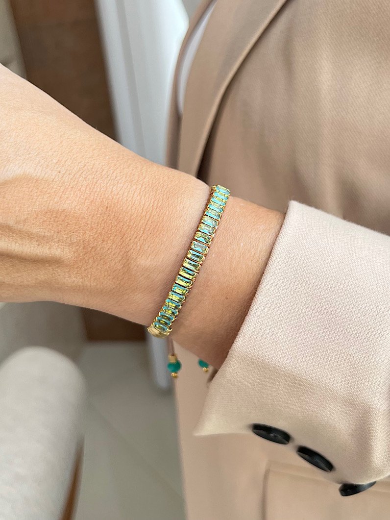Pulseira Ajustável Pecinhas com Zircônias Douradas - Turquesa