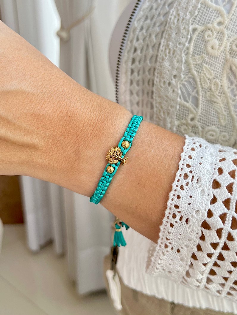 Pulseira Ajustável Zara Árvore da Vida Dourado - Turquesa