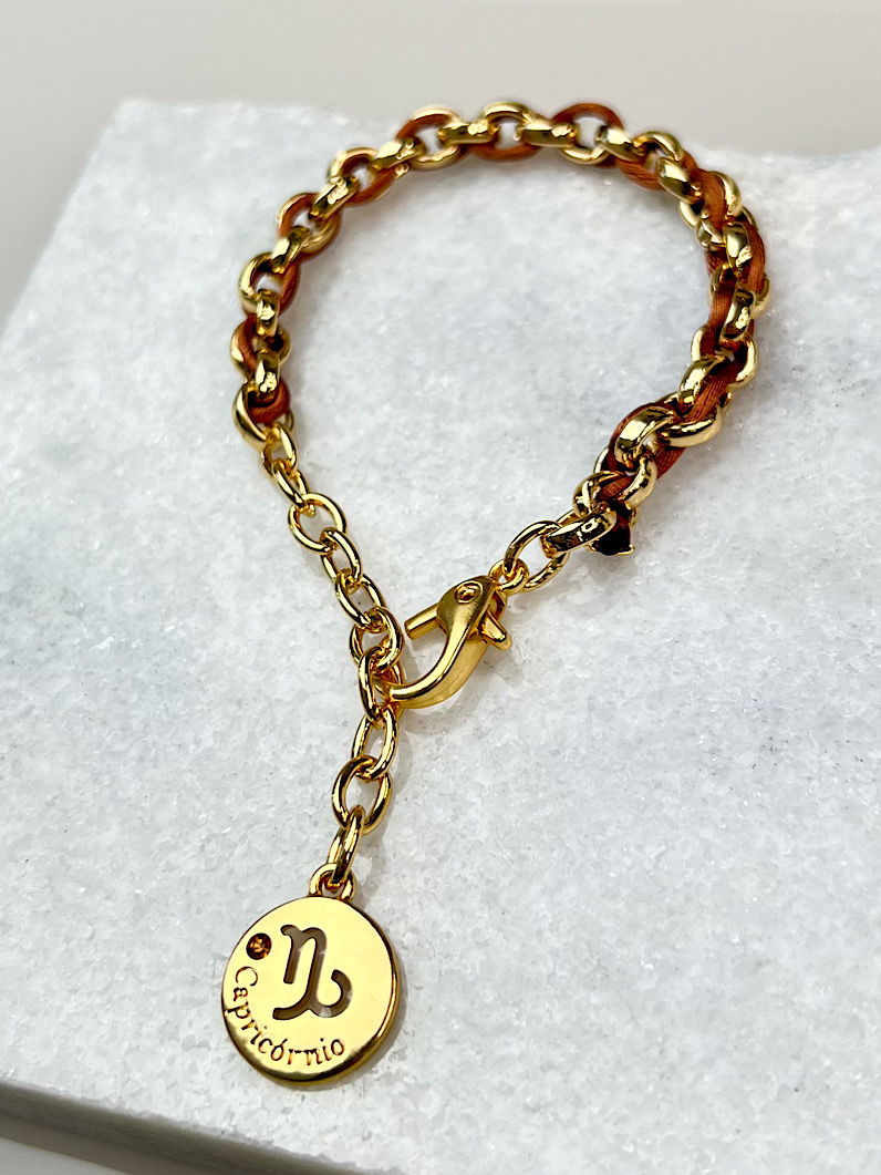 Pulseira Corrente e Fio de Seda Pingente Signos Dourados