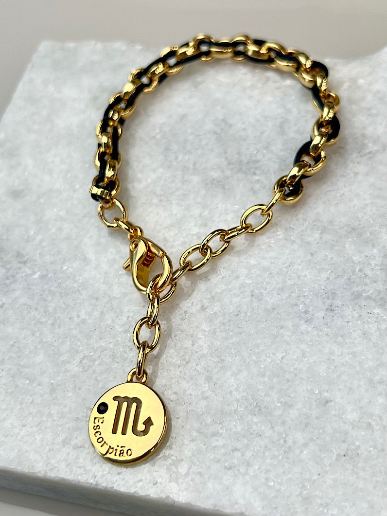 Pulseira Corrente e Fio de Seda Pingente Signos Dourados