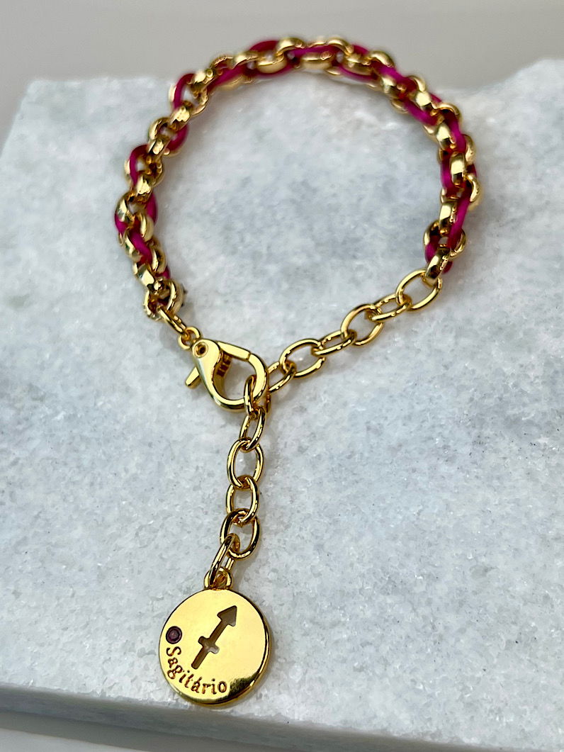 Pulseira Corrente e Fio de Seda Pingente Signos Dourados