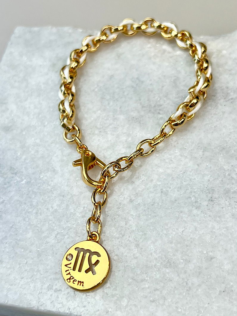 Pulseira Corrente e Fio de Seda Pingente Signos Dourados