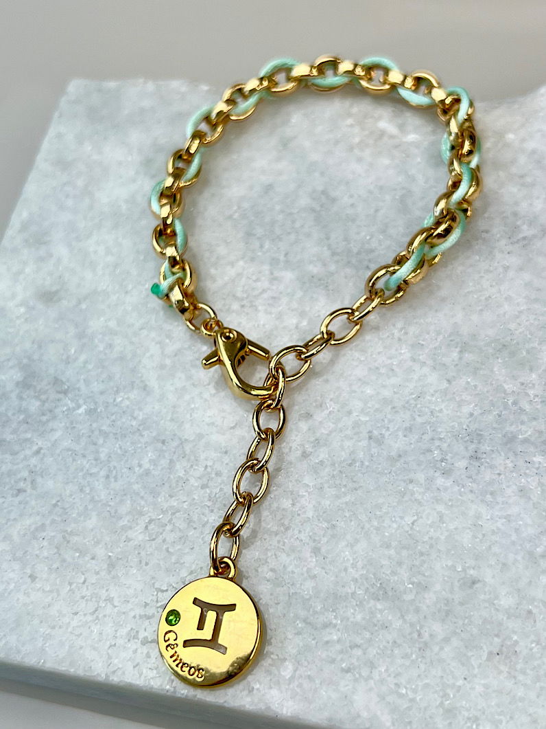 Pulseira Corrente e Fio de Seda Pingente Signos Dourados