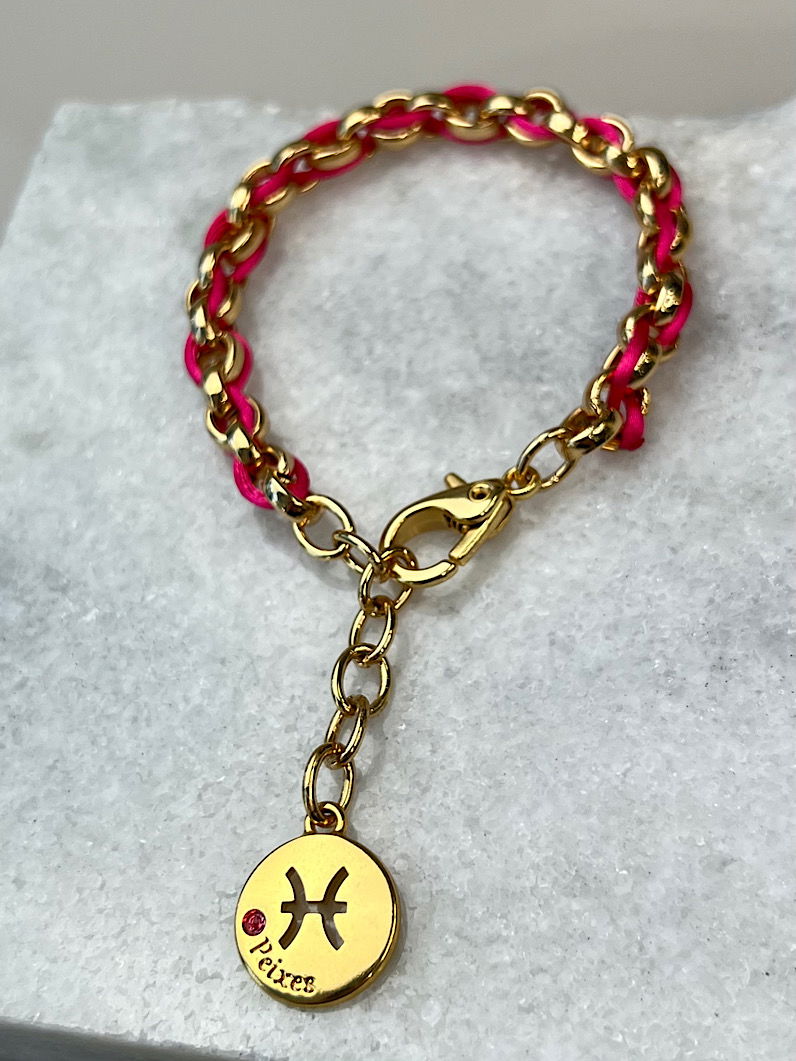 Pulseira Corrente e Fio de Seda Pingente Signos Dourados