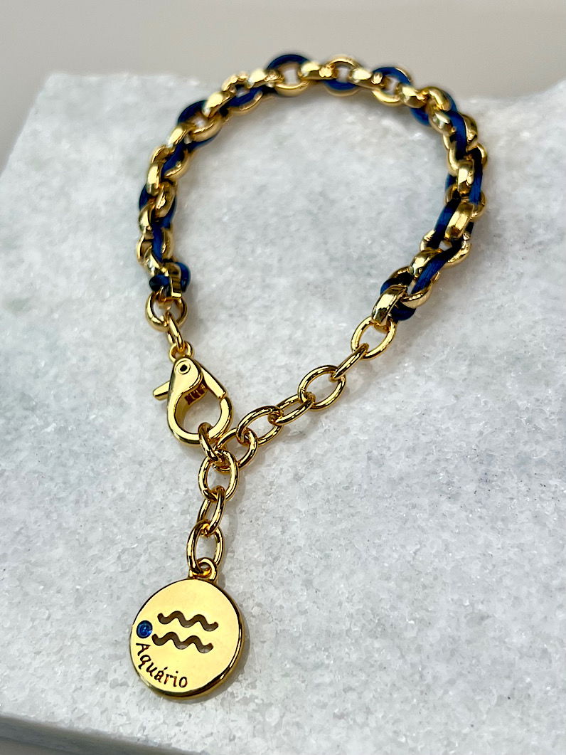 Pulseira Corrente e Fio de Seda Pingente Signos Dourados