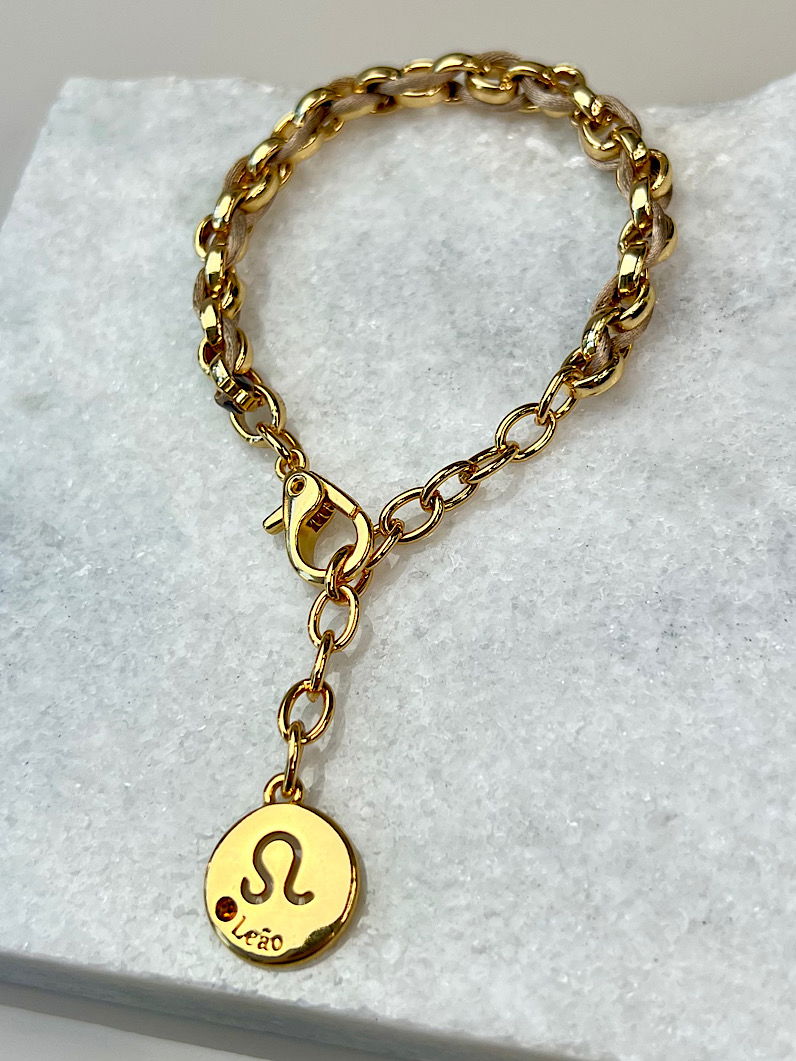 Pulseira Corrente e Fio de Seda Pingente Signos Dourados