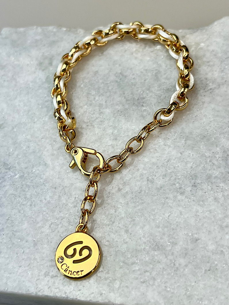 Pulseira Corrente e Fio de Seda Pingente Signos Dourados