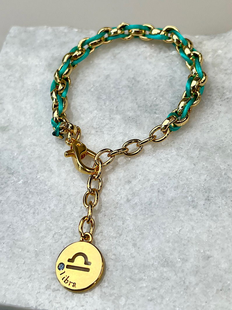Pulseira Corrente e Fio de Seda Pingente Signos Dourados