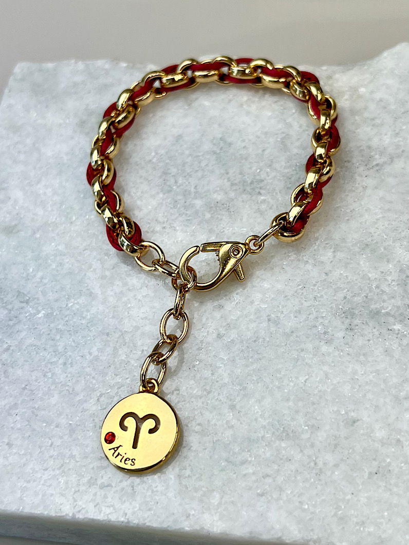 Pulseira Corrente e Fio de Seda Pingente Signos Dourados