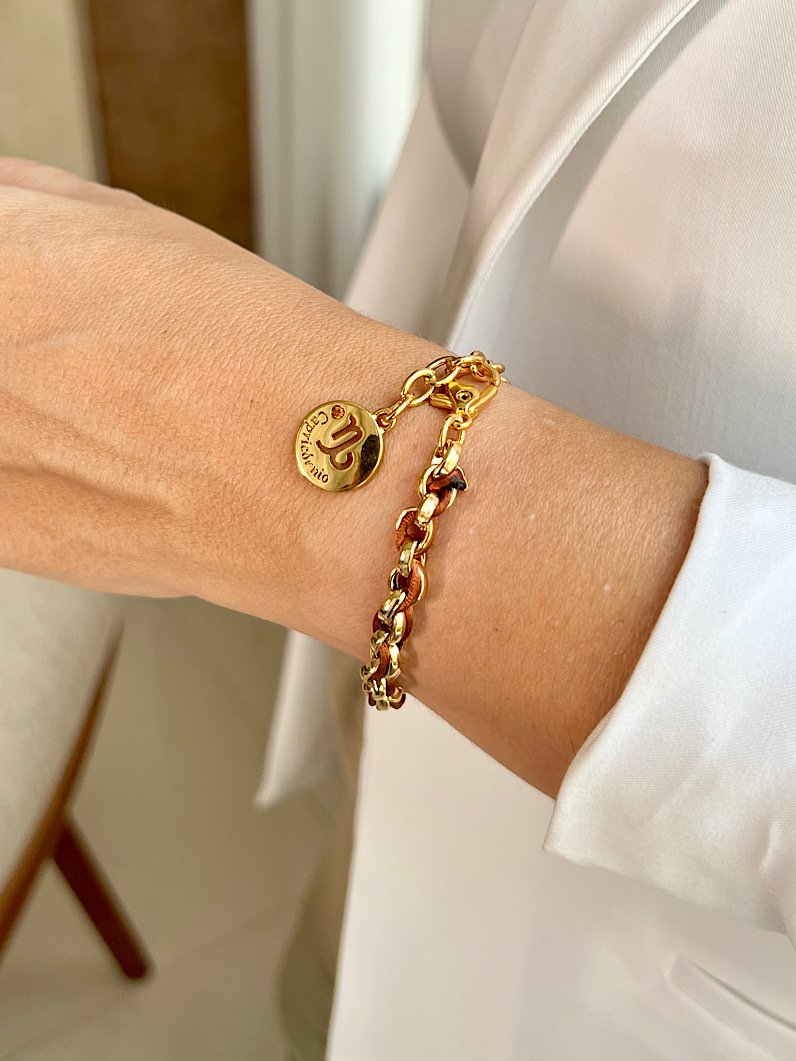Pulseira Corrente e Fio de Seda Pingente Signos Dourados