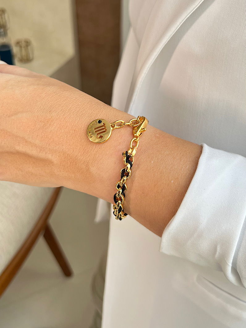 Pulseira Corrente e Fio de Seda Pingente Signos Dourados