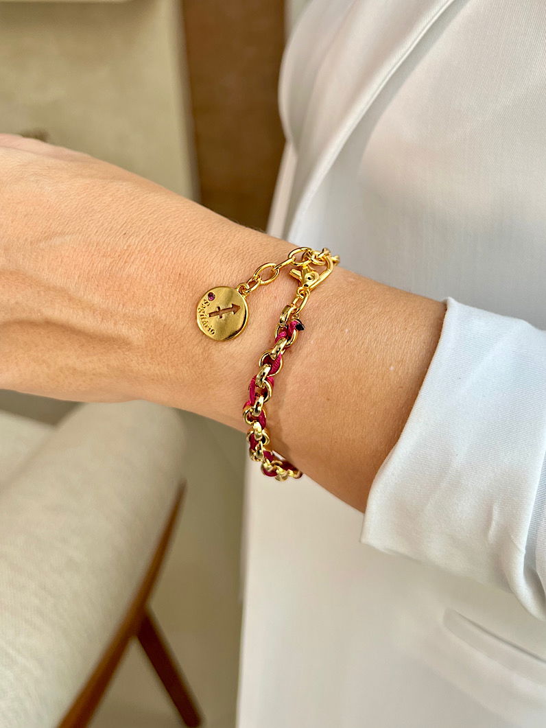 Pulseira Corrente e Fio de Seda Pingente Signos Dourados