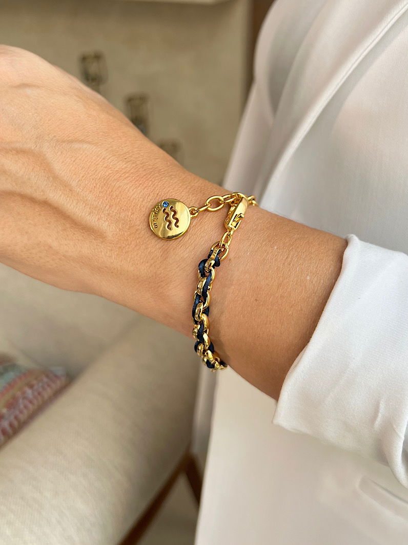 Pulseira Corrente e Fio de Seda Pingente Signos Dourados