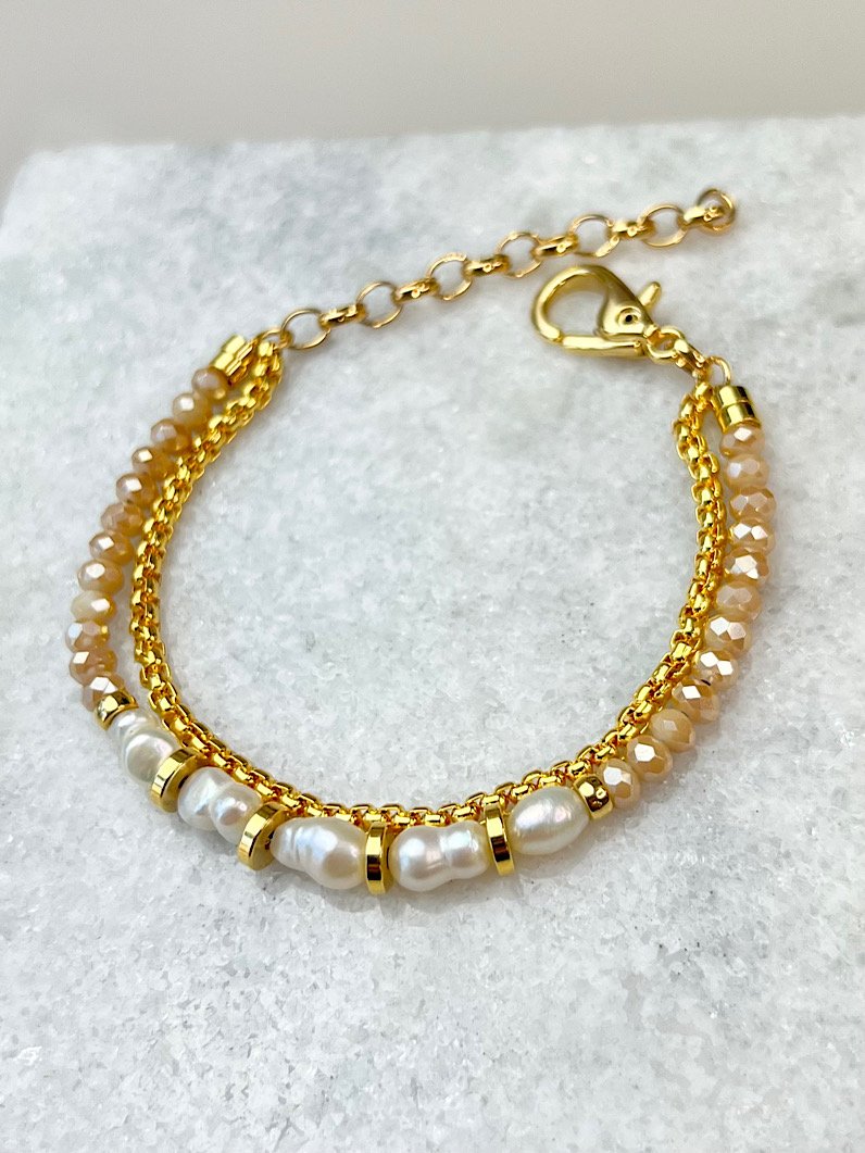 Pulseira Dupla Any Bege Pérola de Água Doce Dourada