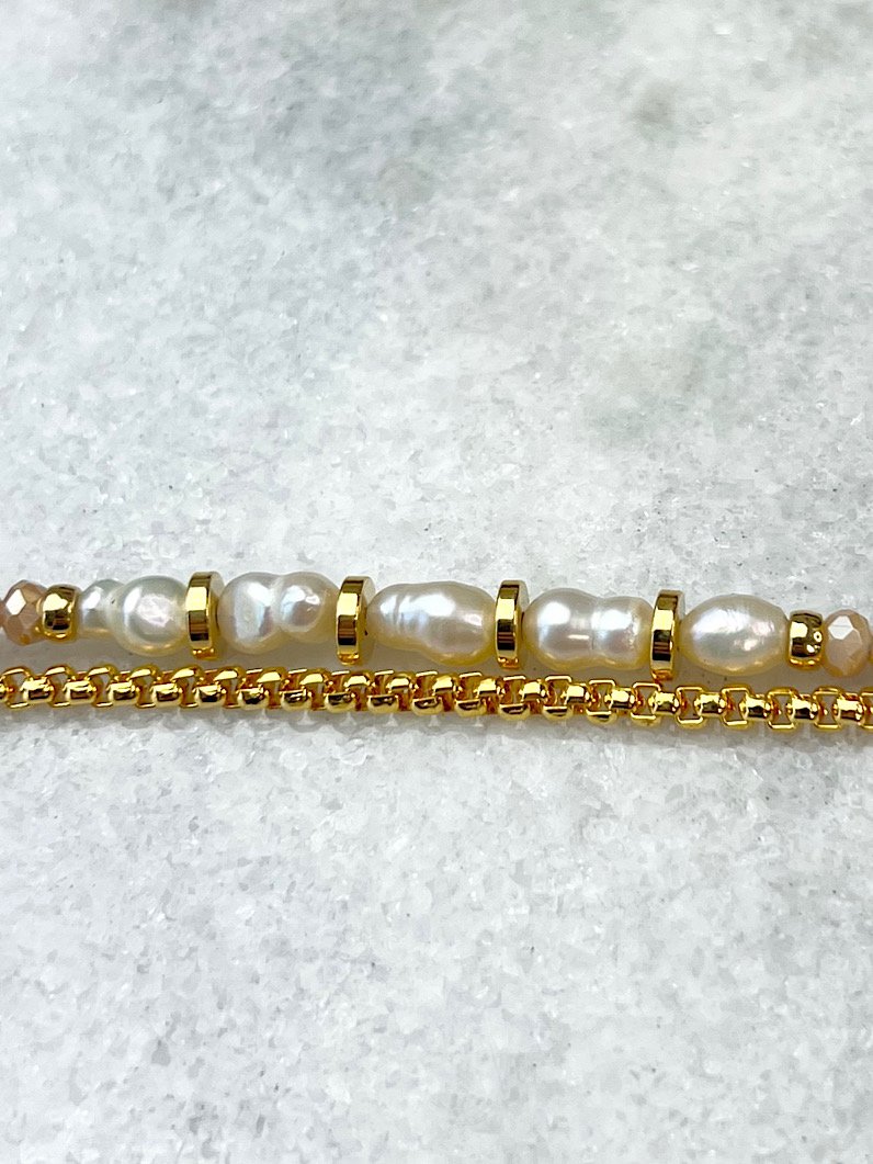 Pulseira Dupla Any Bege Pérola de Água Doce Dourada
