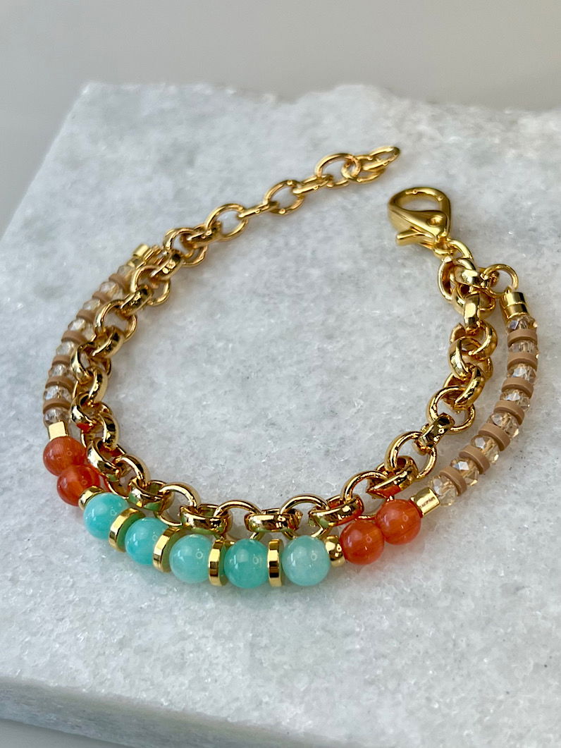 Pulseira Dupla Jade Amazonita e Laranja Dourada
