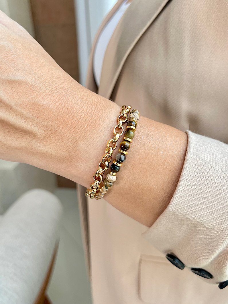 Pulseira Dupla Olho de Tigre e Jaspe Terra Dourada