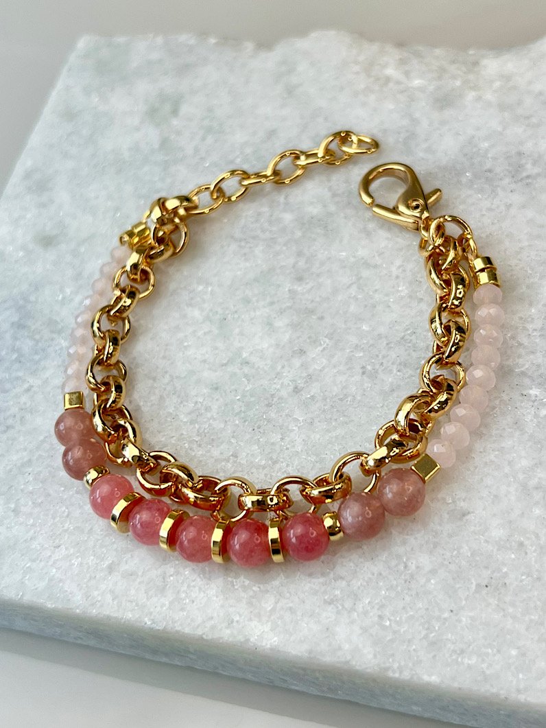 Pulseira Dupla Pedra Rodocrosita Dourada