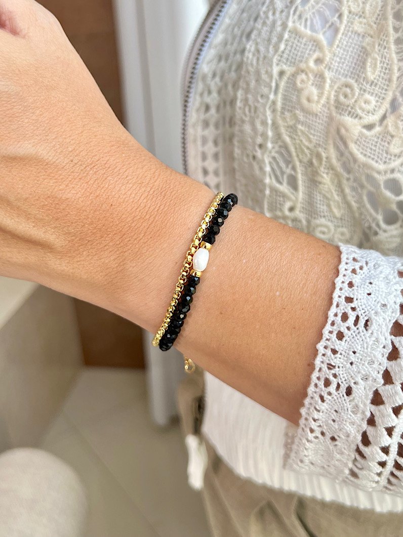 Pulseira Dupla Sthe Pérola de Água Doce Dourada - Preto