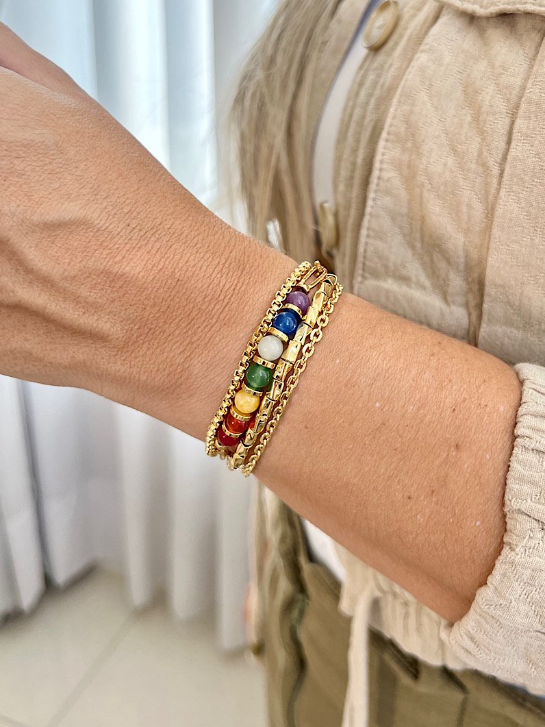 Pulseira Imã 7 Chakras Pedra Naturais jade - Dourado
