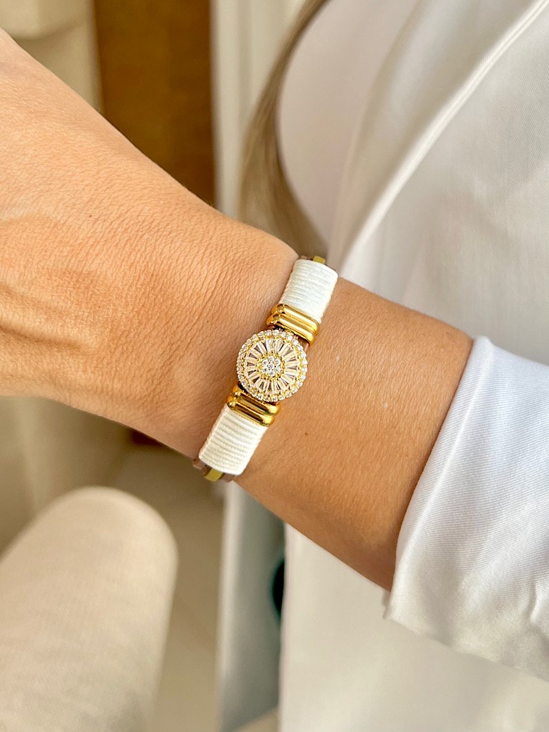 Pulseira Imã Angel Pizza de Zircônias Douradas - Branco