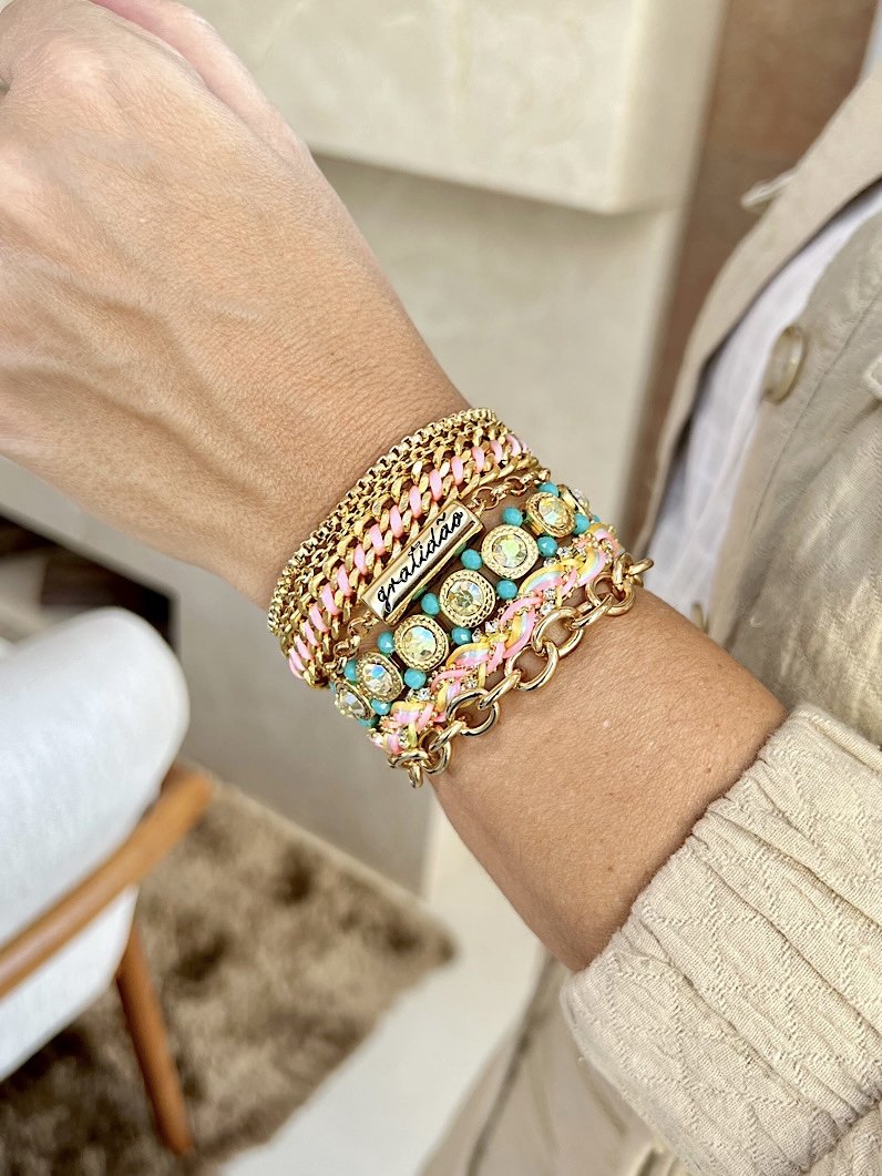 Pulseira Imã Carla Placa de Palavras Candy Colors - Dourado