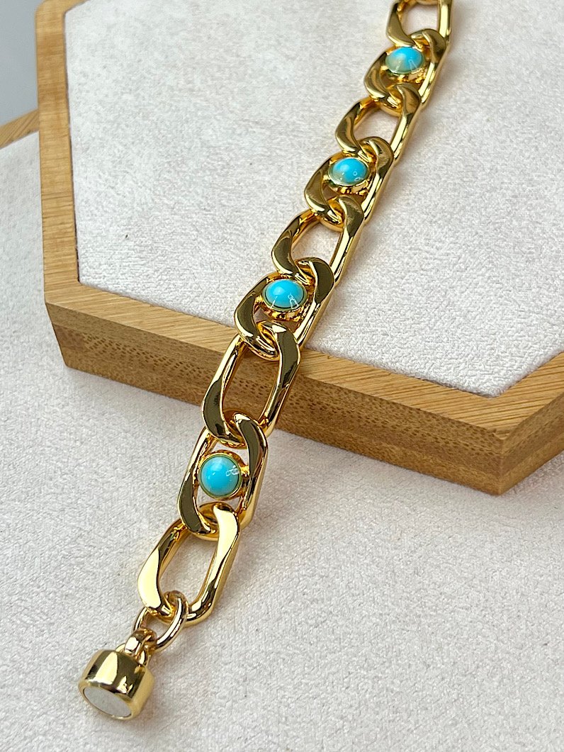 Pulseira Imã de Elos Turquesa Dourado