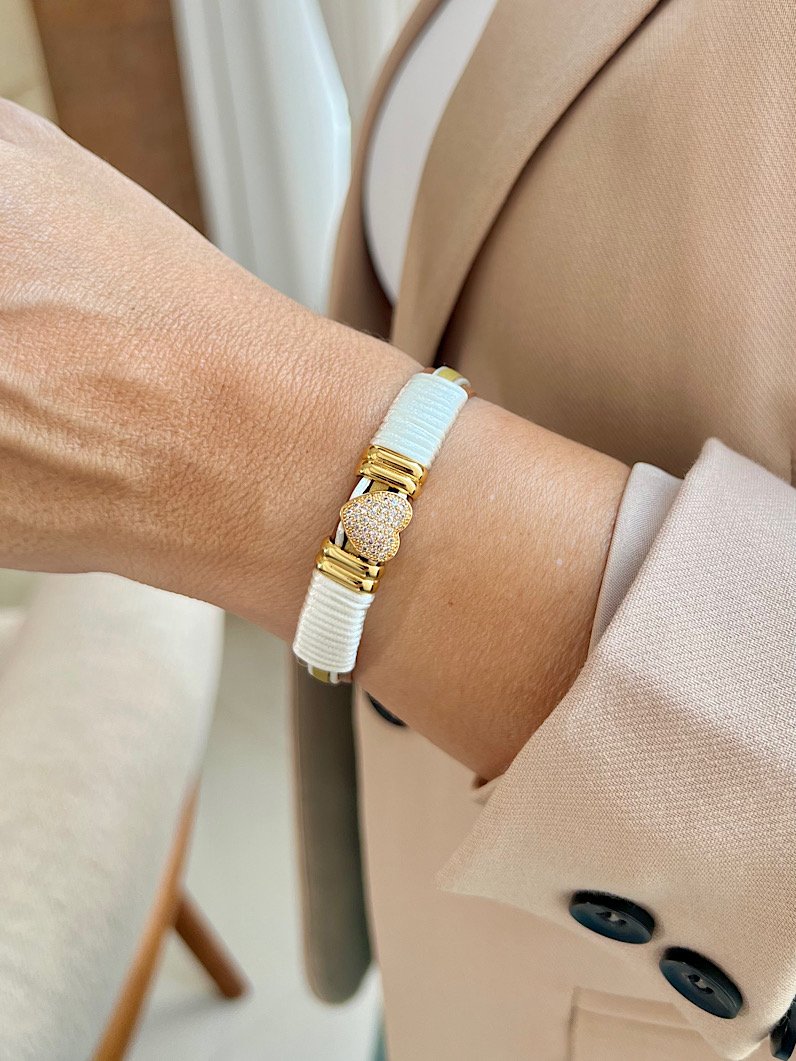 Pulseira Imã Giulia Coração Zircônias Douradas - Branco
