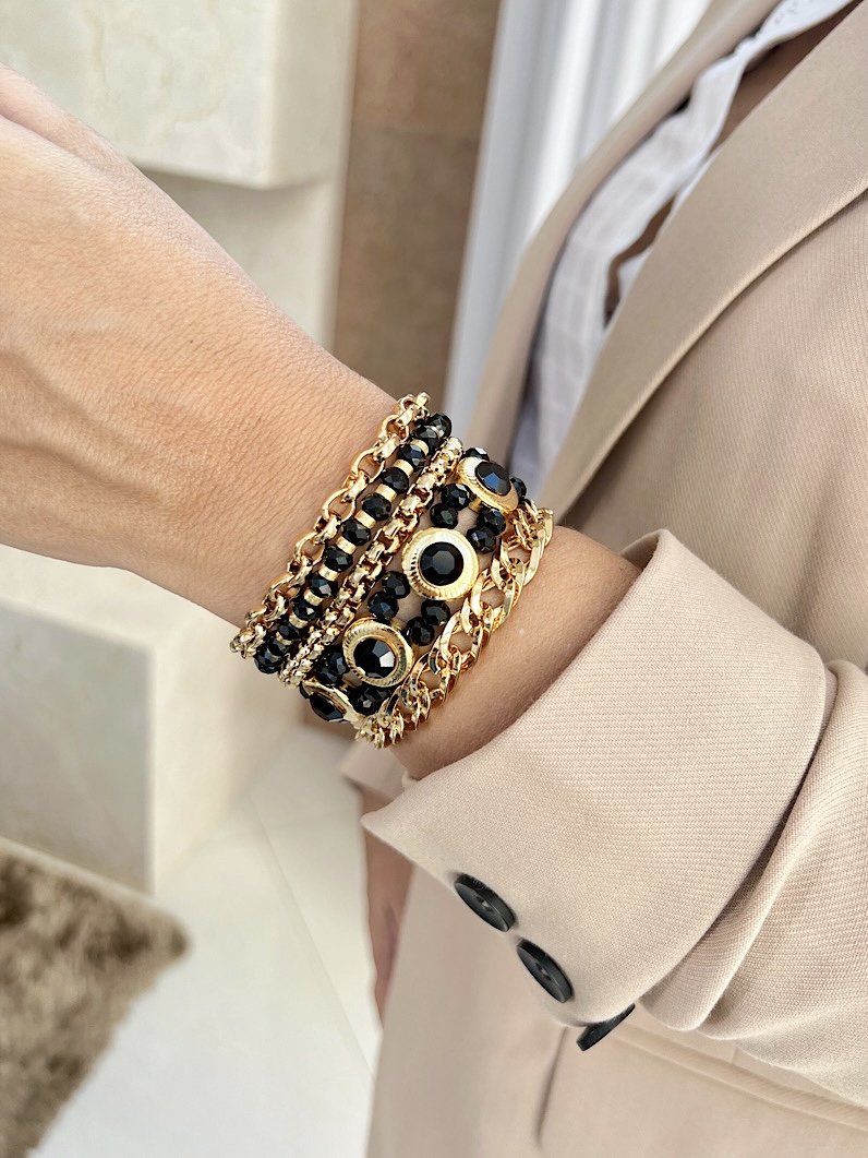 Pulseira Imã Lorena Correntaria e Strass Dourado - Preto