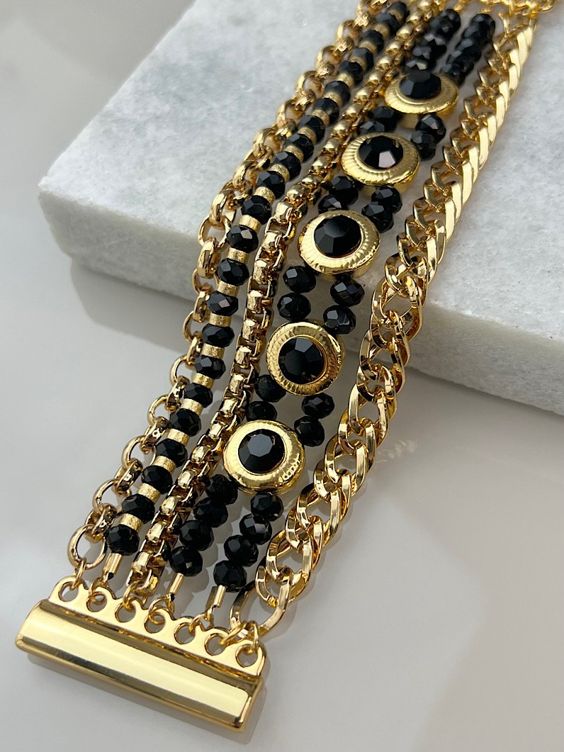 Pulseira Imã Lorena Correntaria e Strass Dourado