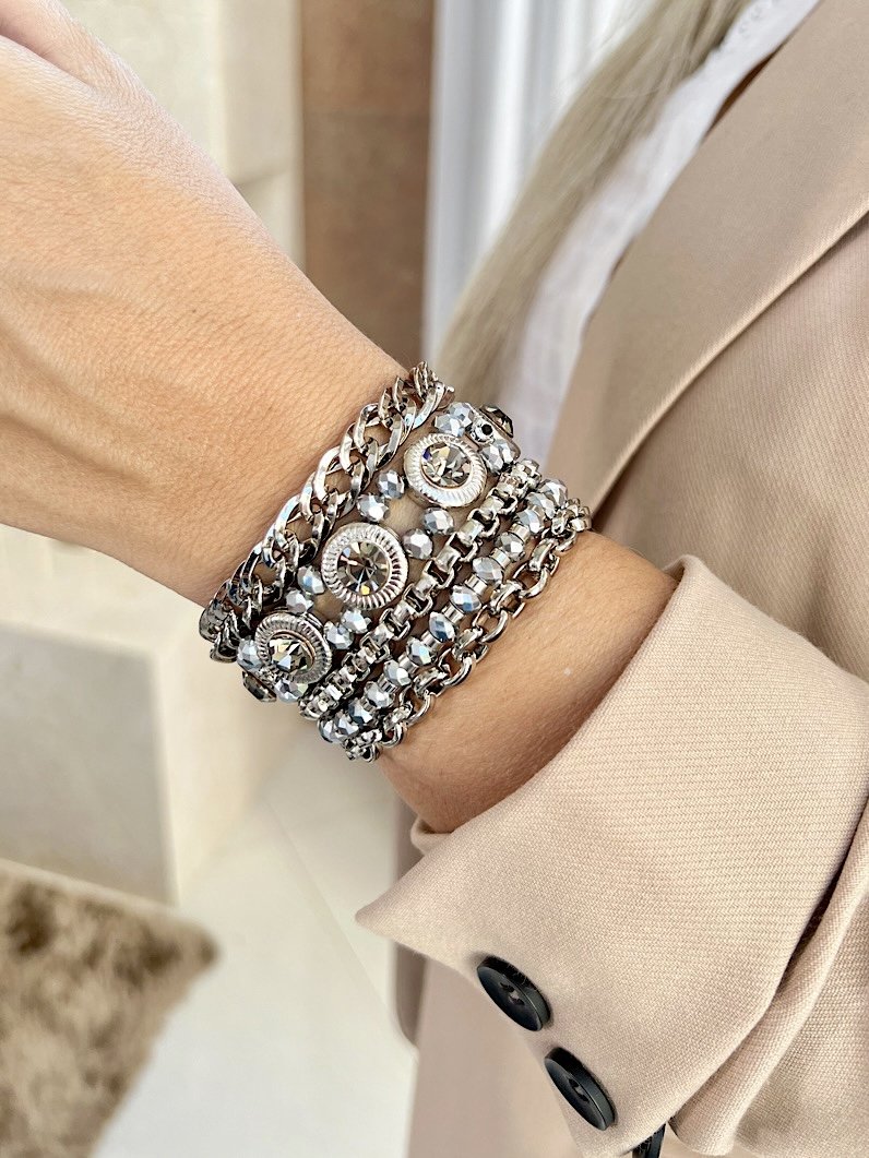 Pulseira Imã Lorena Correntaria e Strass Prata - Prata