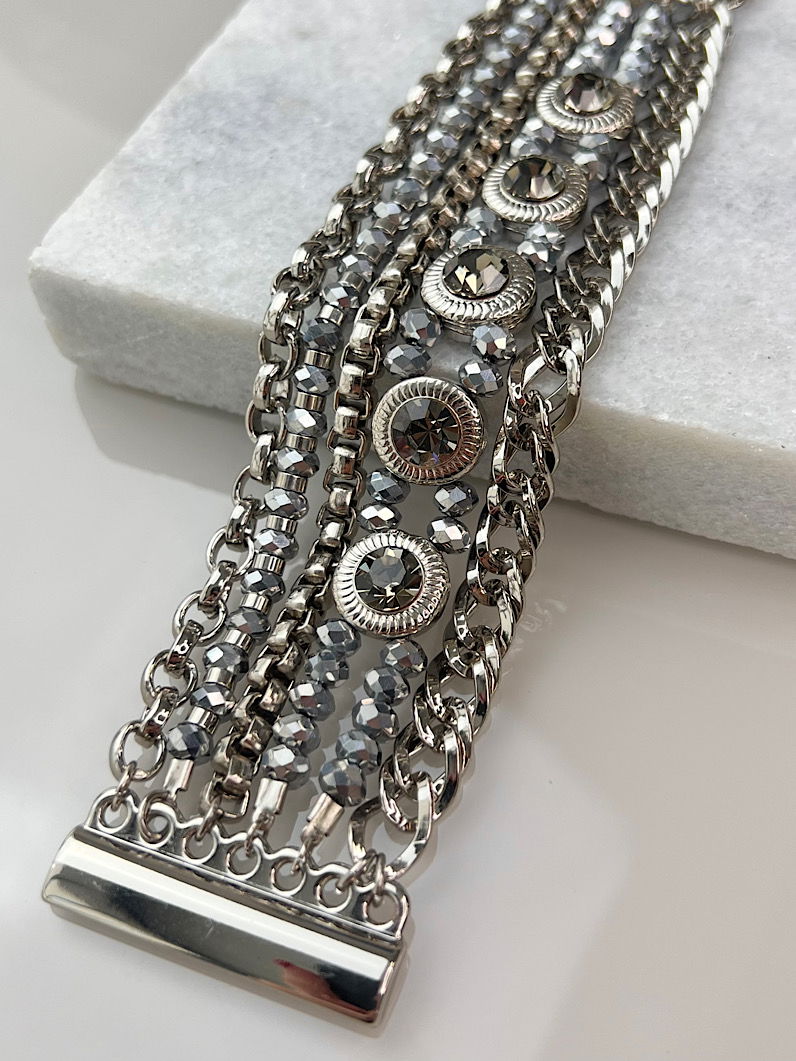 Pulseira Imã Lorena Correntaria e Strass Prata