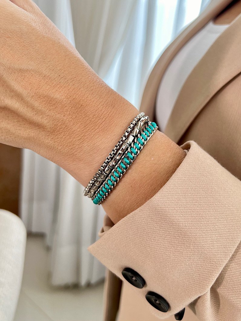 Pulseira Imã Luiza Correntes e Fio de Seda Prata - Turquesa