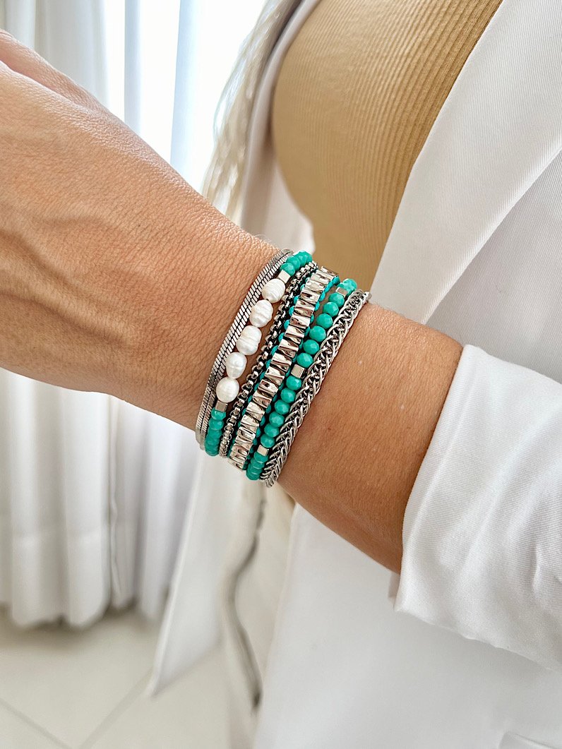 Pulseira Imã Luzia Pérola de Água Doce e Cristais Prata - Turquesa