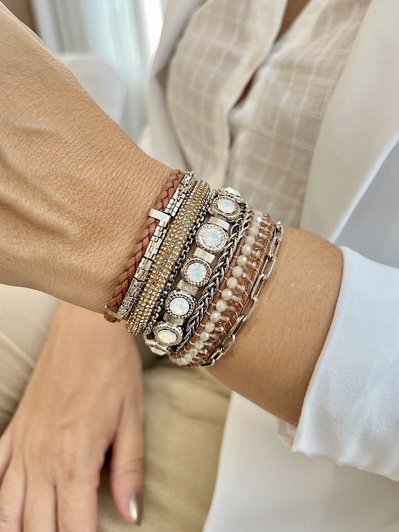 Pulseira Imã Nadia Brilhante Strass Prata - Bege