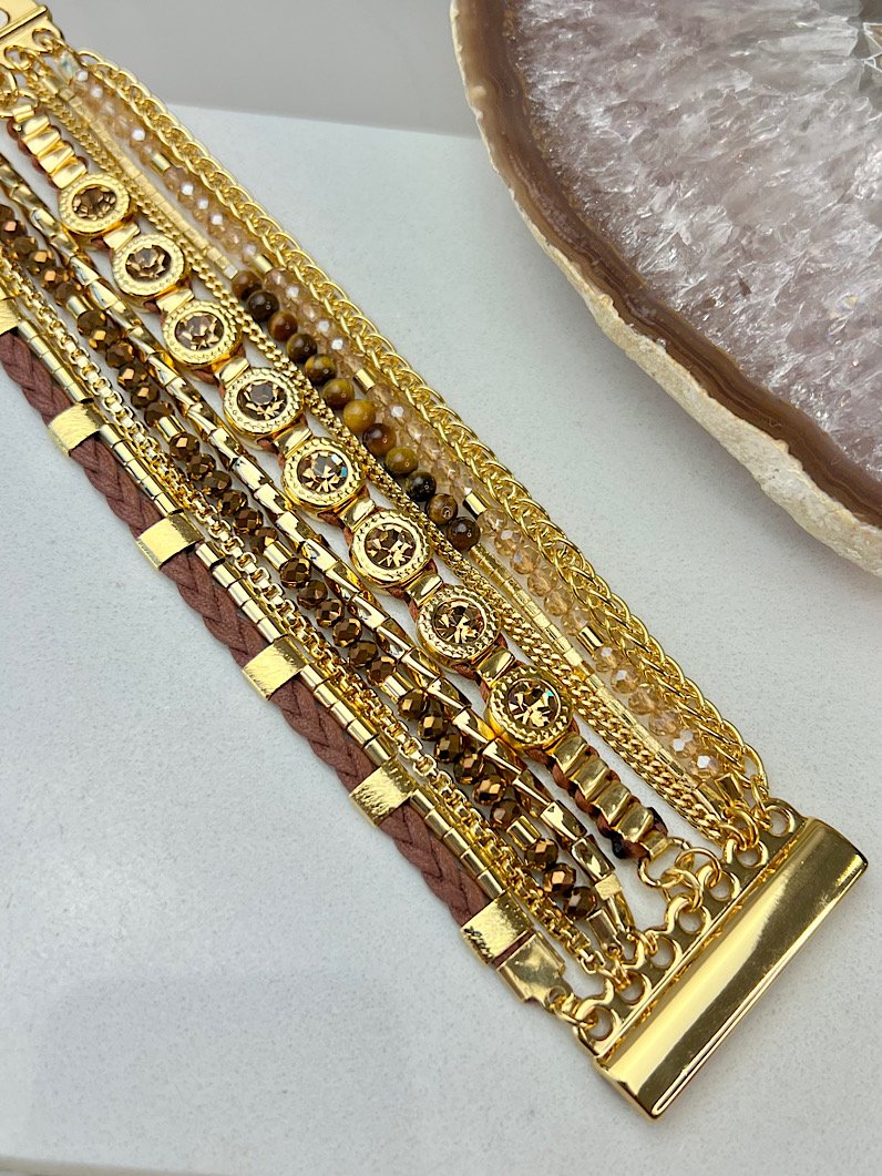Pulseira Imã Olivia Marrom Olho de tigre e Canutilhos