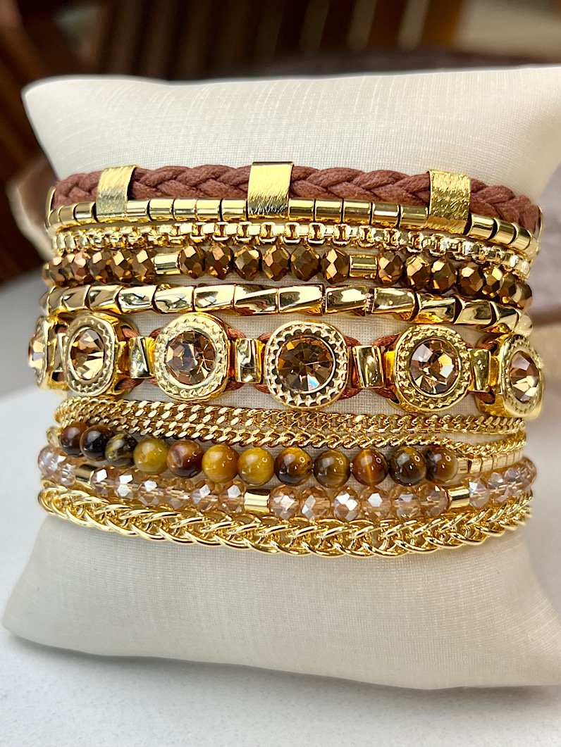 Pulseira Imã Olivia Marrom Olho de tigre e Canutilhos